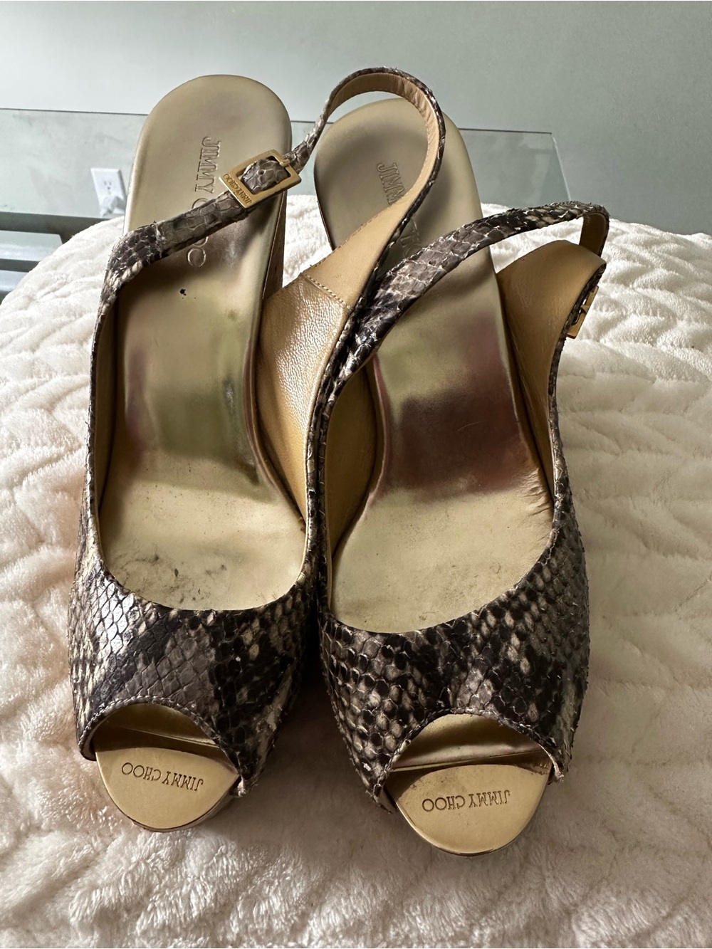 Jimmy Choo Metallic Gold Insole Snake-Print Slingback Wedges